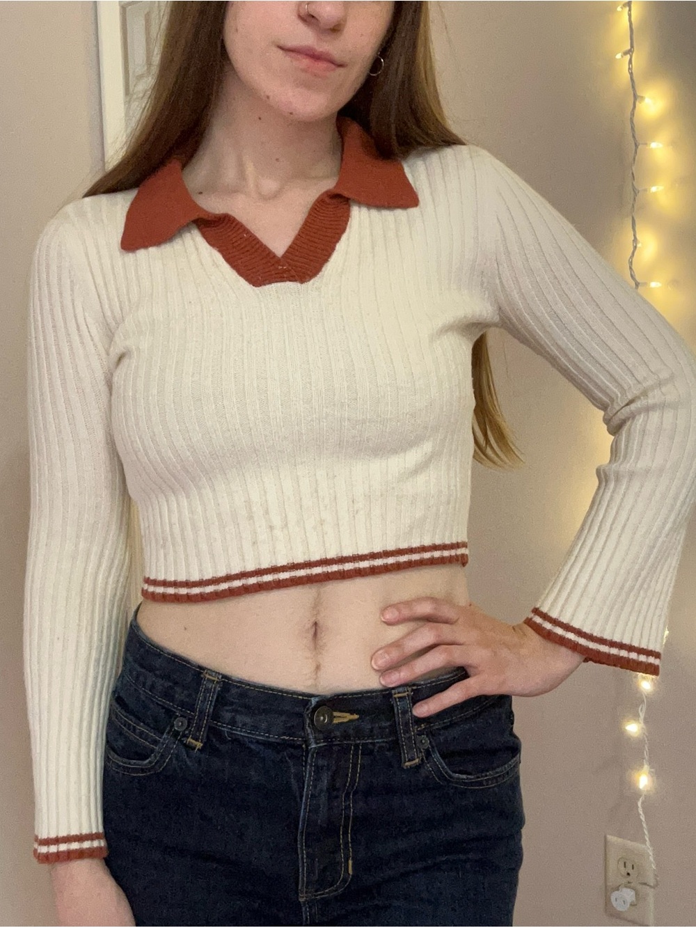Cream and Rust Collared Cropped Sweater